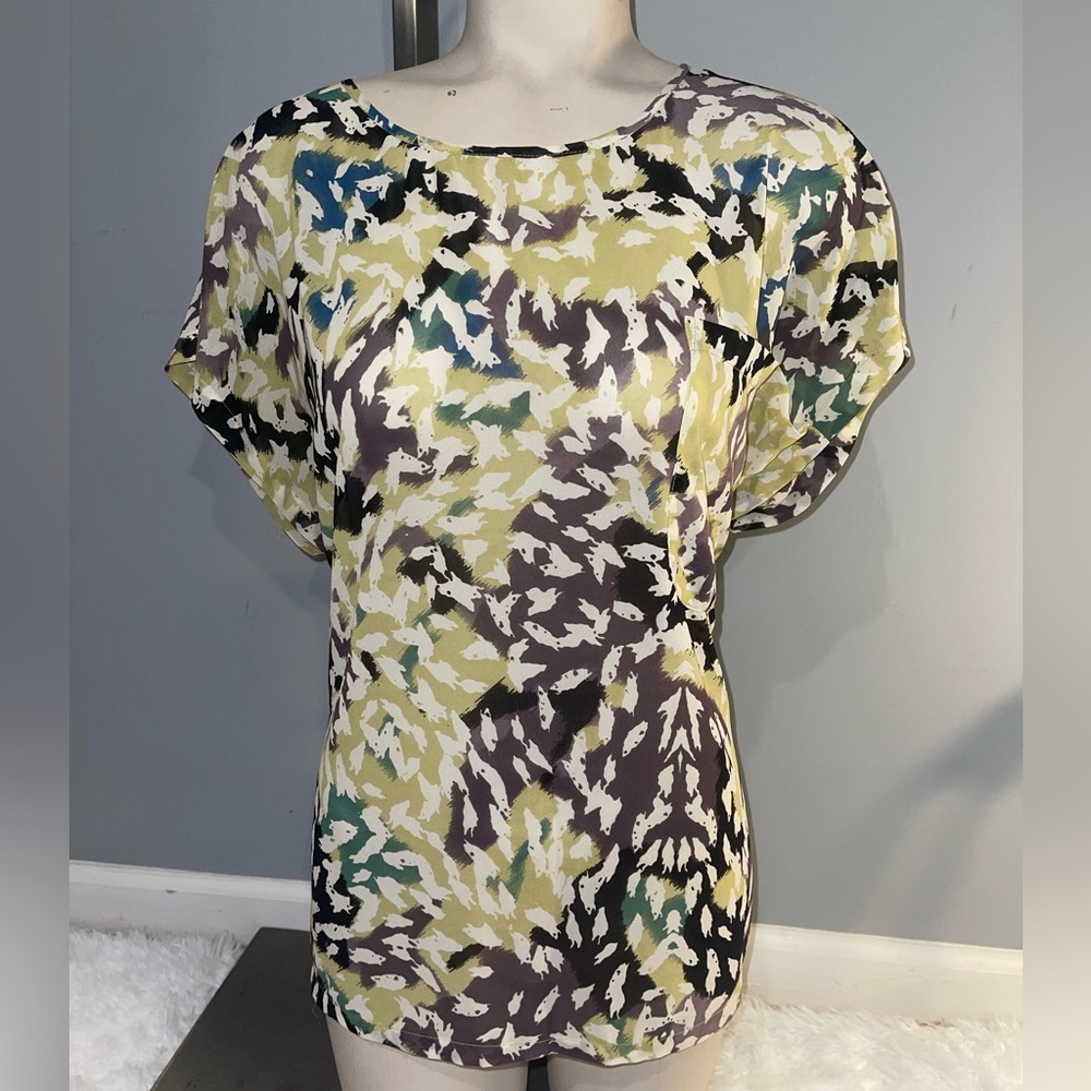 W118 by Walter Baker multi color vibrant short sleeve blouse top shirt womans L